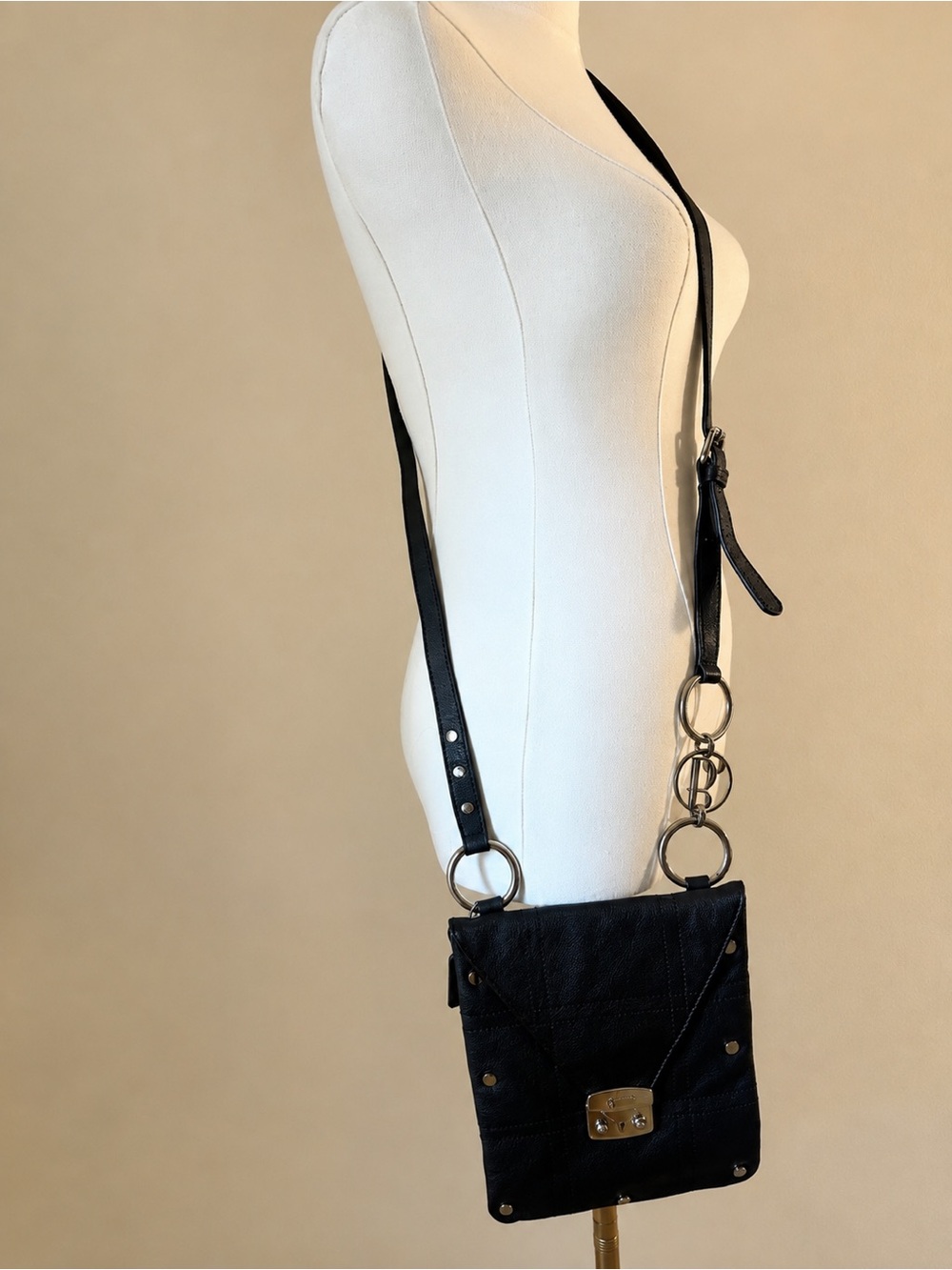 Bolzano Black Soft Leather Crossbody Bag Silver Hardware Studded Y2K - Picture 9 of 14